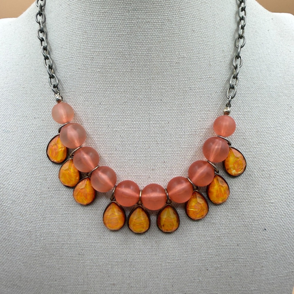 Peach Orange Bead Teardrop Statement Necklace Gunmetal Chain Boho Festival Gift